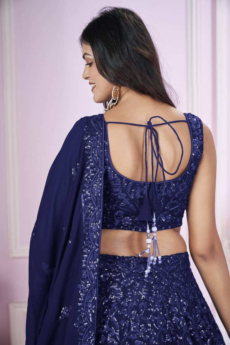 BLUE SEQUINS THREAD EMBROIDERED GEORGETTe SEMI STITCHED LEHENGA CHOLI