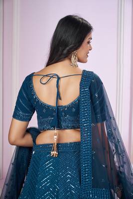 BLUE SEQUINS THREAD EMBROIDERED GEORGETTE SEMI STITCHED LEHENGA CHOLI 7