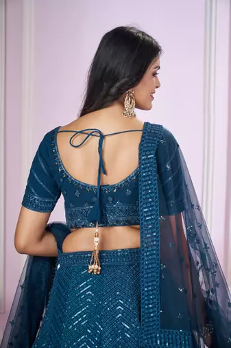 BLUE SEQUINS THREAD EMBROIDERED GEORGETTE SEMI STITCHED LEHENGA CHOLI