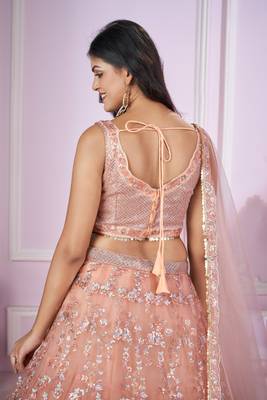 PEACH PINK SEQUINS THREAD BADLA ZARI EMBROIDERED SOFT NET SEMI STITCHED LEHENGA CHOLI 7