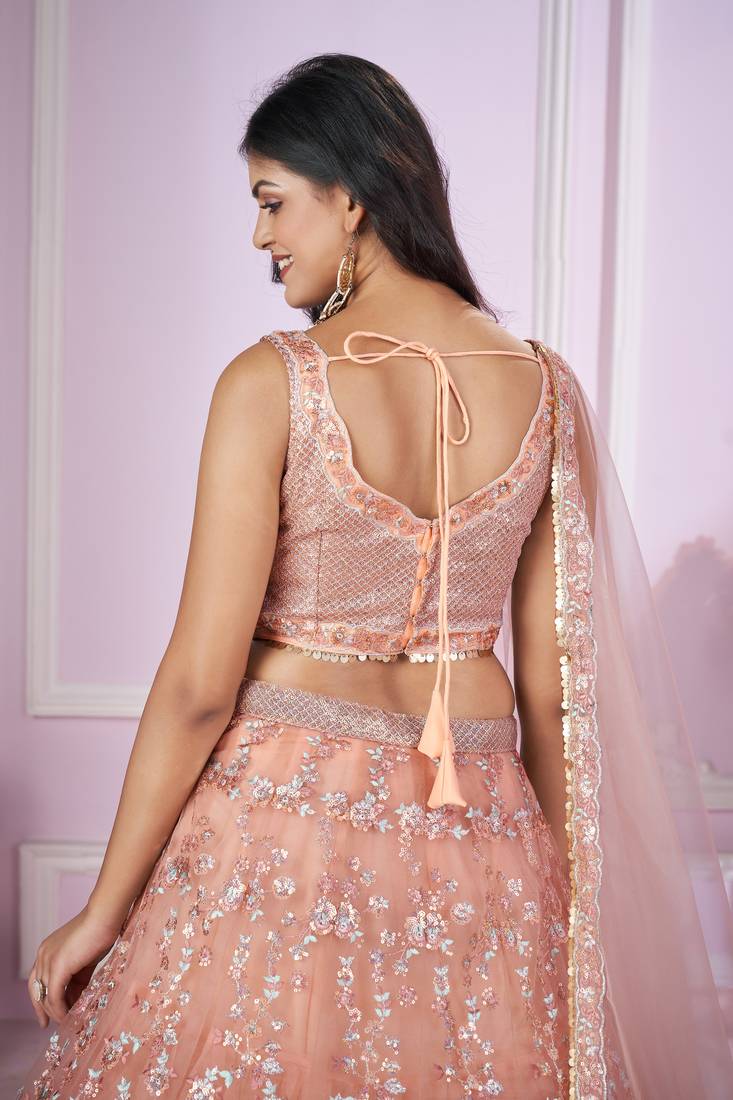 PEACH PINK SEQUINS THREAD BADLA ZARI EMBROIDERED SOFT NET SEMI STITCHED LEHENGA CHOLI