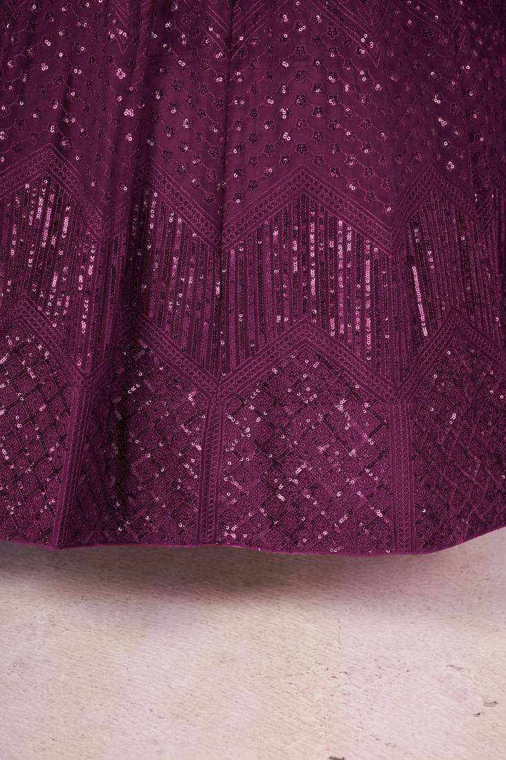 PURPLE SEQUINS THREAD BADLA ZARI EMBROIDERED SOFT NET SEMI STITCHED LEHENGA CHOLI