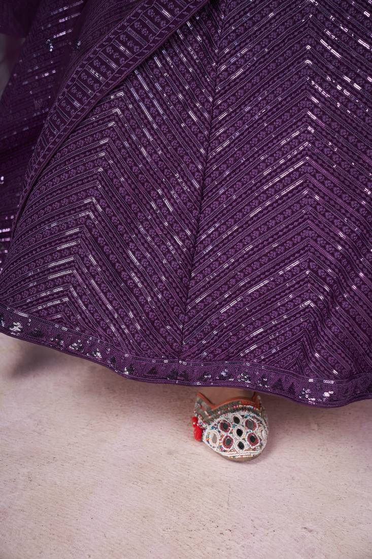 PURPLE SEQUINS THREAD EMBROIDERED GEORGETTE SEMI STITCHED LEHENGA CHOLI