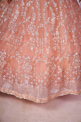 PEACH PINK SEQUINS THREAD BADLA ZARI EMBROIDERED SOFT NET SEMI STITCHED LEHENGA CHOLI 8