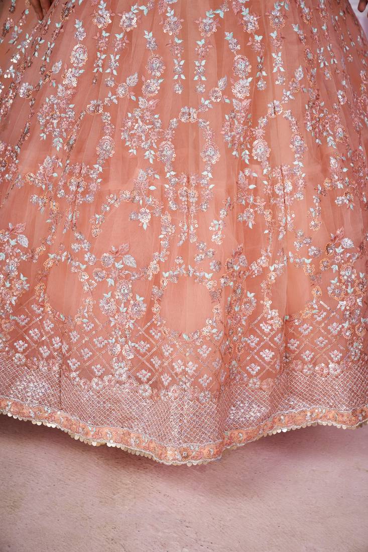 PEACH PINK SEQUINS THREAD BADLA ZARI EMBROIDERED SOFT NET SEMI STITCHED LEHENGA CHOLI