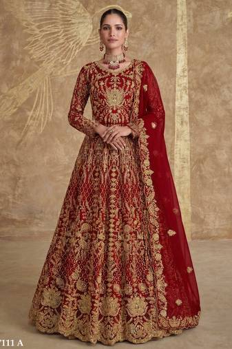  RED NET ANARKALI SALWAR SUIT GOWN