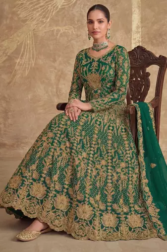  GREEN NET ANARKALI SALWAR SUIT GOWN