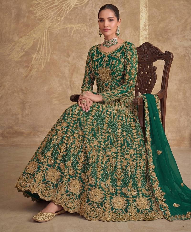  GREEN NET ANARKALI SALWAR SUIT GOWN