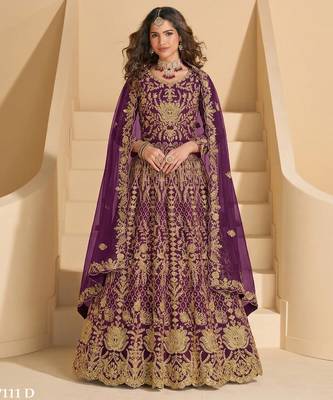WINE NET ANARKALI SALWAR SUIT GOWN IN NET 1