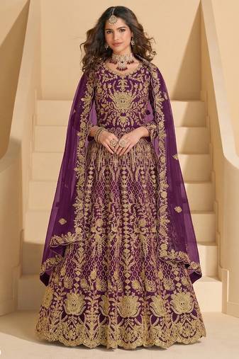 WINE NET ANARKALI SALWAR SUIT GOWN IN NET