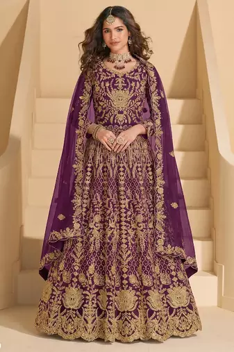 WINE NET ANARKALI SALWAR SUIT GOWN IN NET