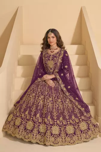 WINE NET ANARKALI SALWAR SUIT GOWN IN NET