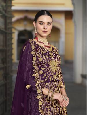 WINE NET ANARKALI SALWAR SUIT GOWN IN NET 3