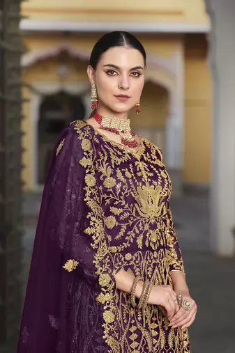 WINE NET ANARKALI SALWAR SUIT GOWN IN NET
