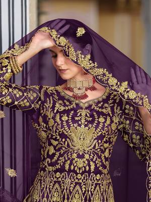 WINE NET ANARKALI SALWAR SUIT GOWN IN NET 4