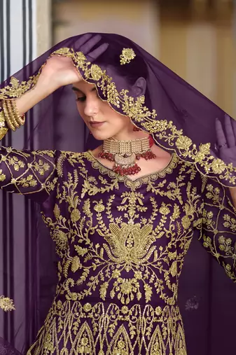 WINE NET ANARKALI SALWAR SUIT GOWN IN NET
