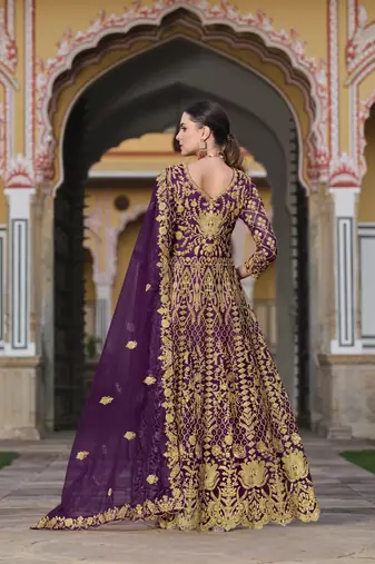 WINE NET ANARKALI SALWAR SUIT GOWN IN NET