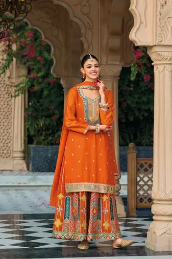 Orange premium embroidered chinon salwar suit (Free Size)