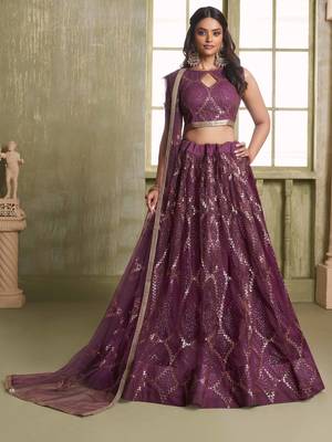 WINE NET FABRIC LAHENGA CHOLI WITH SEQUINS AND THREAD EMBROIDERY WORK 1