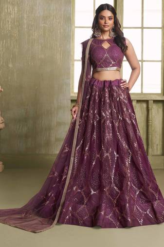 WINE COLOR NET FABRIC LAHENGA CHOLI WITH SEQUINS AND THREAD EMBROIDERY WORK