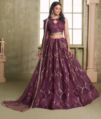 WINE NET FABRIC LAHENGA CHOLI WITH SEQUINS AND THREAD EMBROIDERY WORK 3