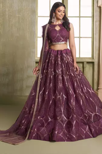 WINE NET FABRIC LAHENGA CHOLI WITH SEQUINS AND THREAD EMBROIDERY WORK