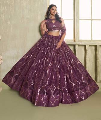 WINE NET FABRIC LAHENGA CHOLI WITH SEQUINS AND THREAD EMBROIDERY WORK 4