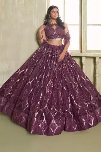 WINE NET FABRIC LAHENGA CHOLI WITH SEQUINS AND THREAD EMBROIDERY WORK