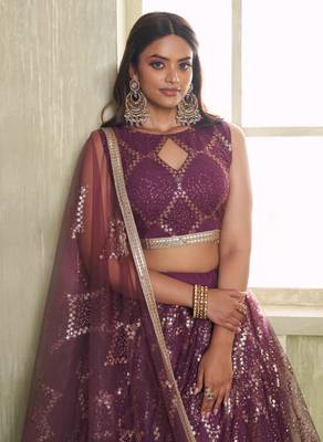 WINE NET FABRIC LAHENGA CHOLI WITH SEQUINS AND THREAD EMBROIDERY WORK 5