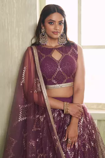 WINE NET FABRIC LAHENGA CHOLI WITH SEQUINS AND THREAD EMBROIDERY WORK