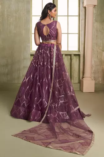 WINE NET FABRIC LAHENGA CHOLI WITH SEQUINS AND THREAD EMBROIDERY WORK