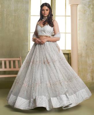 LIGHT GRAY NET FABRIC LAHENGA CHOLI WITH SEQUINS AND THREAD EMBROIDERY WORK 1