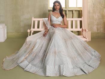 LIGHT GRAY NET FABRIC LAHENGA CHOLI WITH SEQUINS AND THREAD EMBROIDERY WORK 3