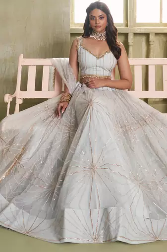 LIGHT GRAY NET FABRIC LAHENGA CHOLI WITH SEQUINS AND THREAD EMBROIDERY WORK
