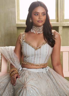 LIGHT GRAY NET FABRIC LAHENGA CHOLI WITH SEQUINS AND THREAD EMBROIDERY WORK 4
