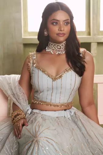 LIGHT GRAY NET FABRIC LAHENGA CHOLI WITH SEQUINS AND THREAD EMBROIDERY WORK