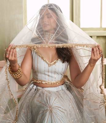 LIGHT GRAY NET FABRIC LAHENGA CHOLI WITH SEQUINS AND THREAD EMBROIDERY WORK 5