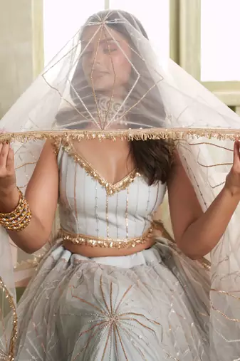 LIGHT GRAY NET FABRIC LAHENGA CHOLI WITH SEQUINS AND THREAD EMBROIDERY WORK