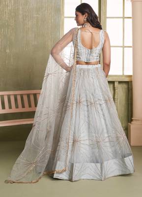 LIGHT GRAY NET FABRIC LAHENGA CHOLI WITH SEQUINS AND THREAD EMBROIDERY WORK 6