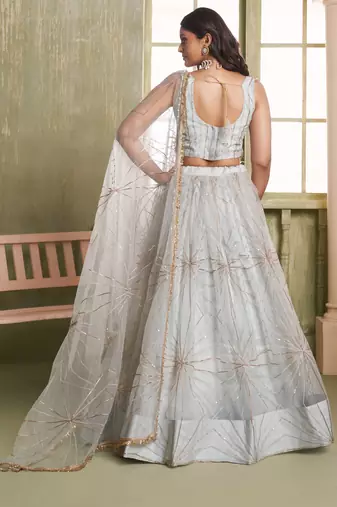 LIGHT GRAY NET FABRIC LAHENGA CHOLI WITH SEQUINS AND THREAD EMBROIDERY WORK