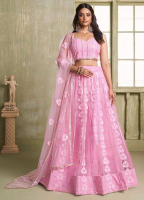 PINK NET FABRIC LAHENGA CHOLI WITH SEQUINS AND THREAD EMBROIDERY WORK 1