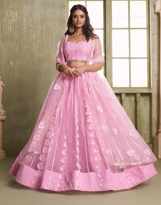 PINK NET FABRIC LAHENGA CHOLI WITH SEQUINS AND THREAD EMBROIDERY WORK 3