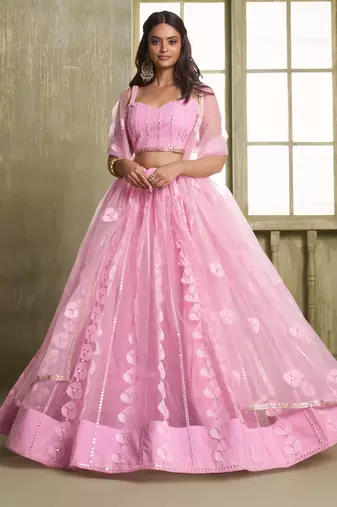 PINK NET FABRIC LAHENGA CHOLI WITH SEQUINS AND THREAD EMBROIDERY WORK
