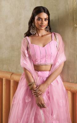 PINK NET FABRIC LAHENGA CHOLI WITH SEQUINS AND THREAD EMBROIDERY WORK 4