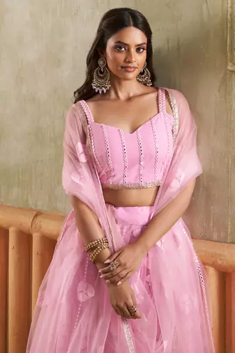 PINK NET FABRIC LAHENGA CHOLI WITH SEQUINS AND THREAD EMBROIDERY WORK