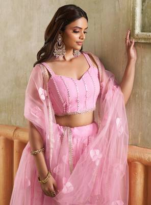 PINK NET FABRIC LAHENGA CHOLI WITH SEQUINS AND THREAD EMBROIDERY WORK 5