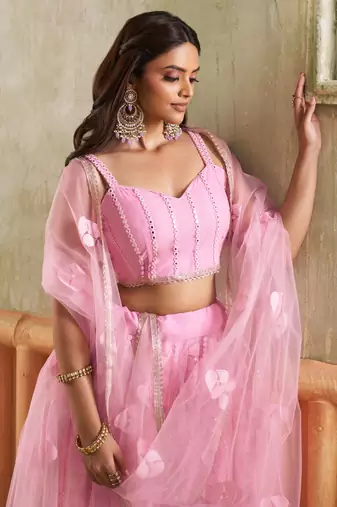 PINK NET FABRIC LAHENGA CHOLI WITH SEQUINS AND THREAD EMBROIDERY WORK