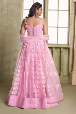PINK NET FABRIC LAHENGA CHOLI WITH SEQUINS AND THREAD EMBROIDERY WORK 6