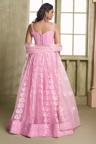 PINK NET FABRIC LAHENGA CHOLI WITH SEQUINS AND THREAD EMBROIDERY WORK