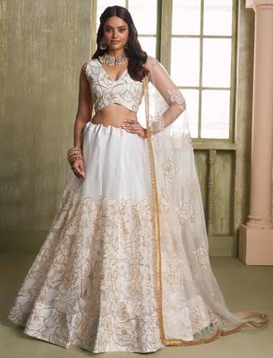 OFF WHITE NET FABRIC LAHENGA CHOLI WITH SEQUINS AND THREAD EMBROIDERY WORK 1